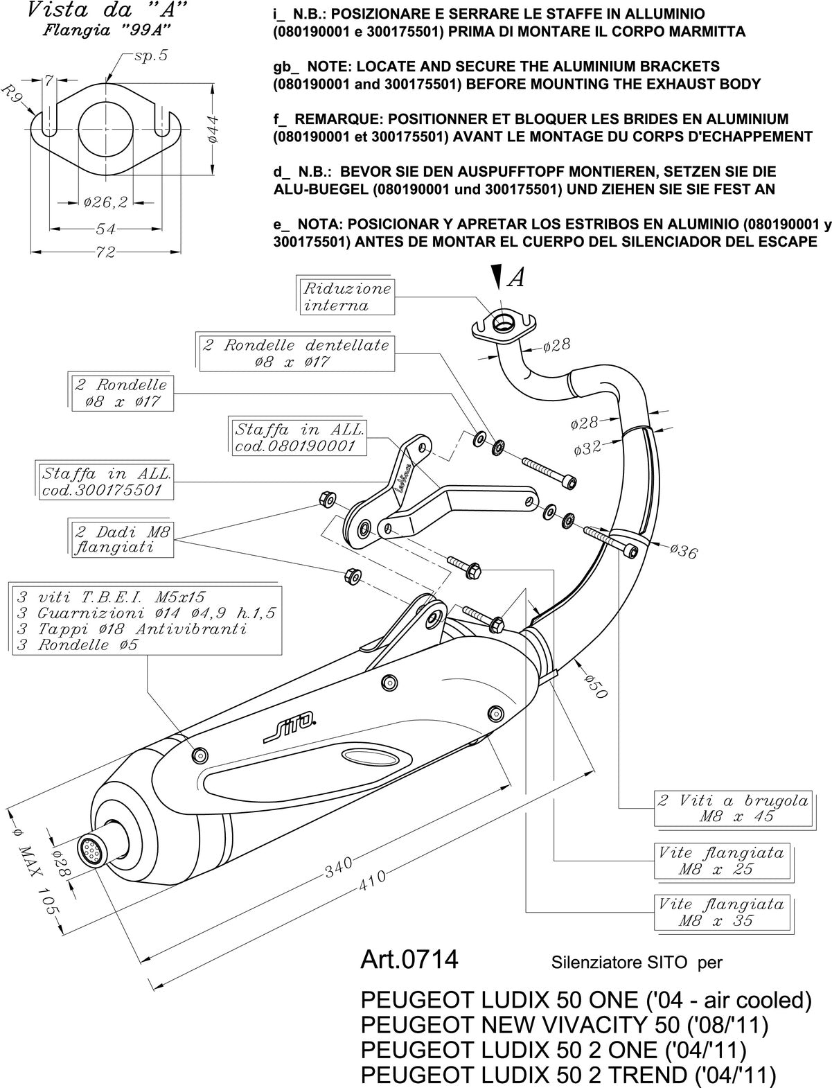 Complete Catalytic Exhaust System With Sound Certification Sito Stainless Steel - Leovince Compatible With Peugeot Kisbee (2011-2015)