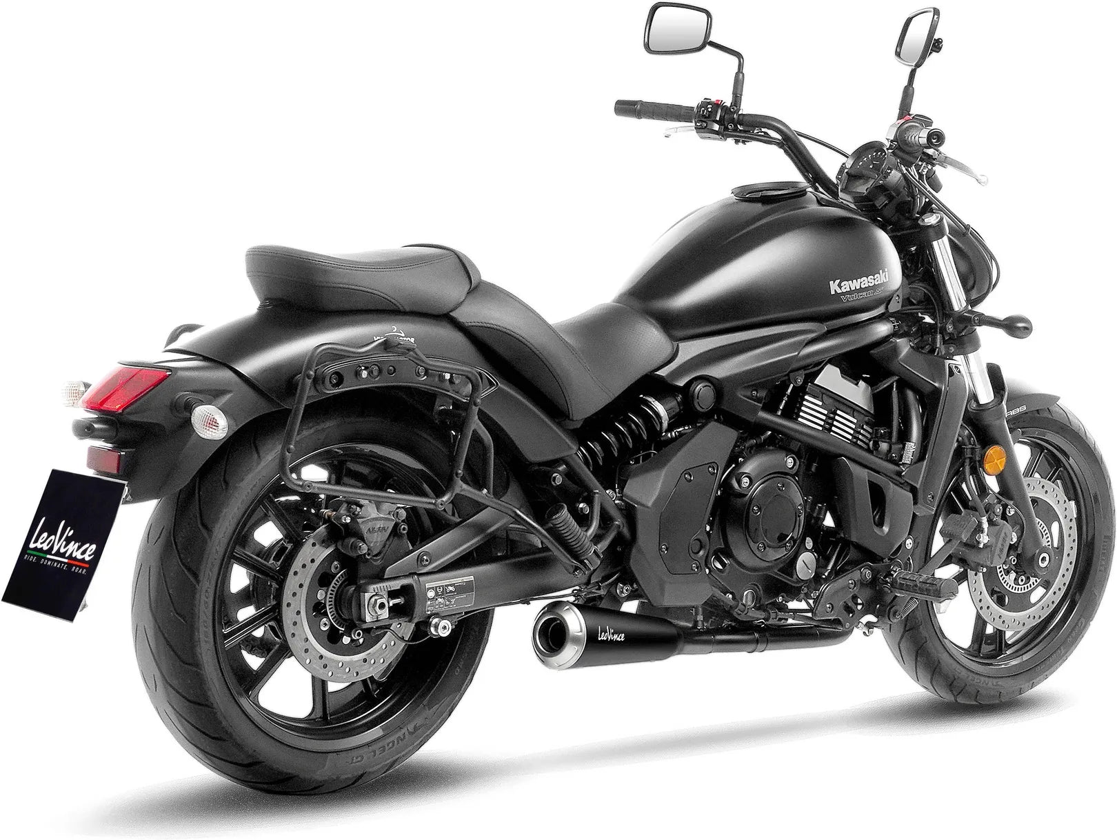 Komplette Auspuffanlage Ohne Katalysator Und Ohne Geräuschzulassung Gp One Edelstahl Full Schwarz Endkappe Edelstahl - Leovince Kompatibel Mit Kawasaki Vulcan 650 S (2017-2020)