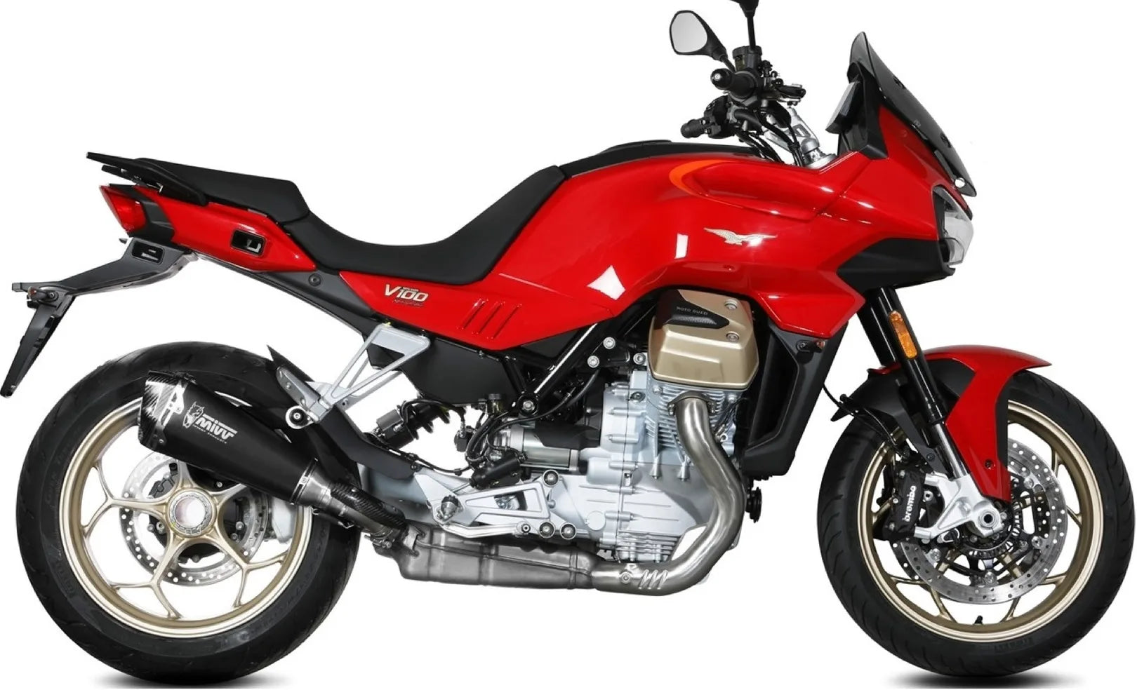 Komplette Auspuffanlage Ohne Katalysator Und Mit Geräuschzulassung Delta Race Stahl Schwarz Carbon - Mivv Kompatibel Mit Moto Guzzi V 100 Mandello 1000 (2022-2024)