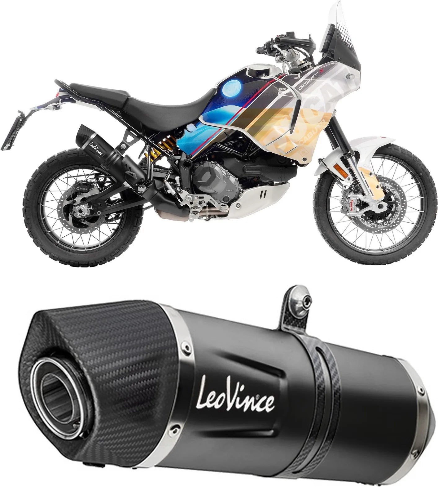 Auspuffendrohr Ohne Geräuschzulassung Lv One Evo Edelstahl Schwarz Endkappe Carbon Fiber - Leovince Kompatibel Mit Ducati Desert-X (2022-2024)