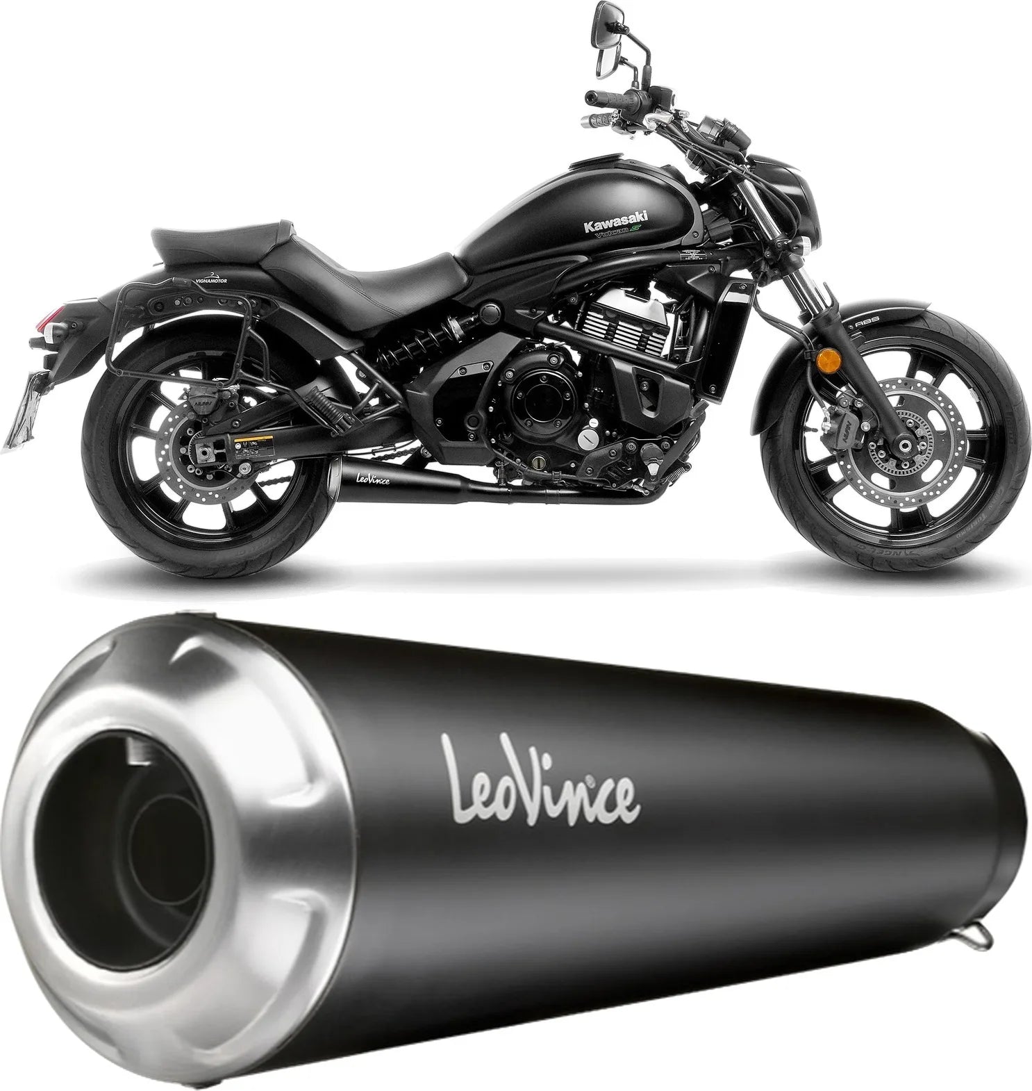 Komplette Auspuffanlage Ohne Katalysator Und Ohne Geräuschzulassung Gp One Edelstahl Full Schwarz Endkappe Edelstahl - Leovince Kompatibel Mit Kawasaki Vulcan 650 S (2017-2020)