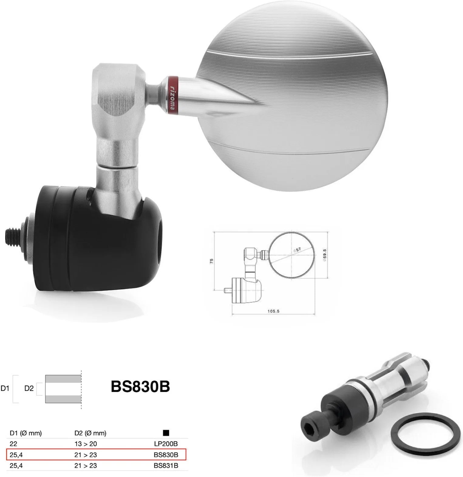 Spiegel End Mount Richtig Universal Ø24,5(21>23) Spy-R Ø57 - Rizoma Kompatibel Mit Ktm