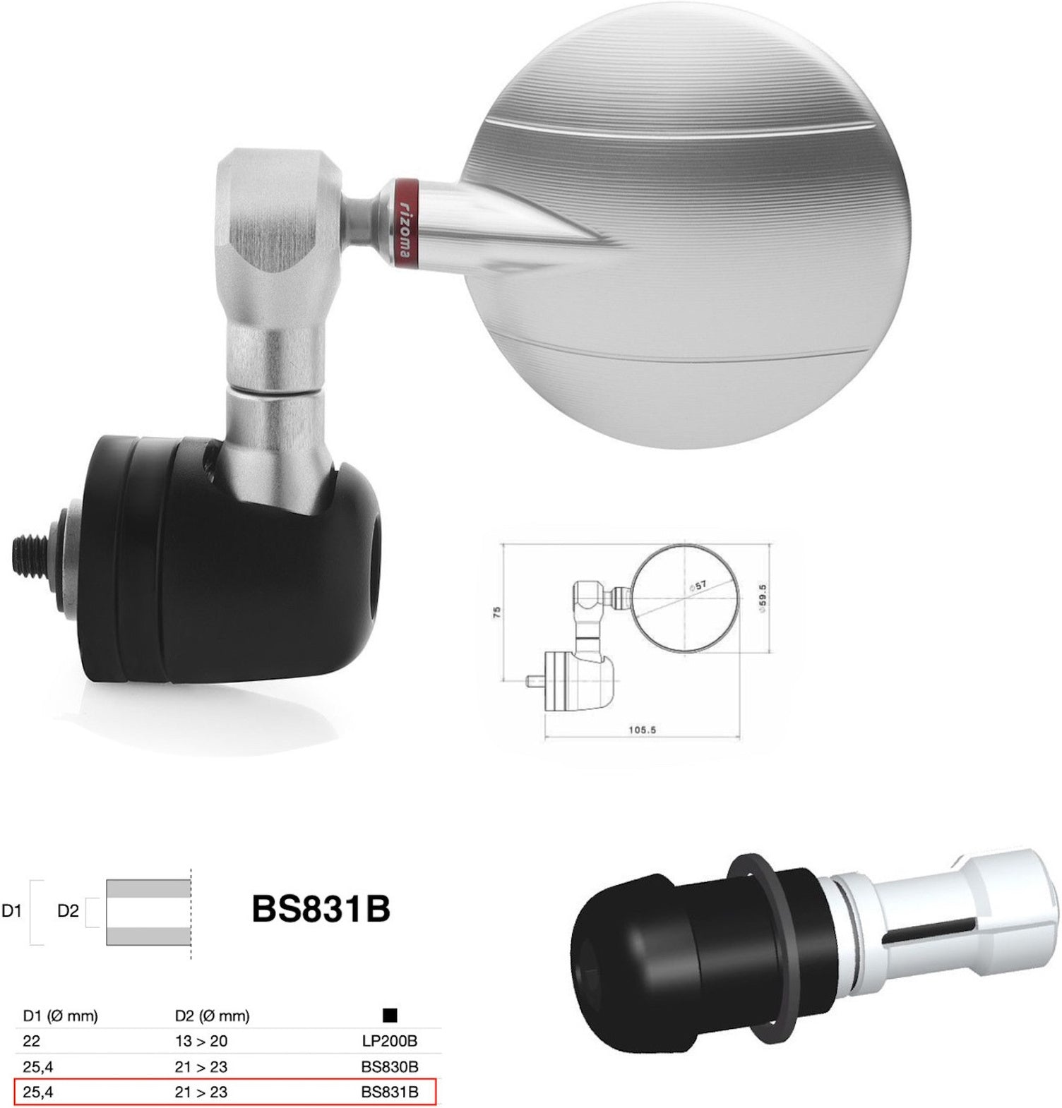 Mirror End Mount Right Universal Ø24,5(21>23) Spy-R Ø57 - Rizoma Compatible With Aprilia