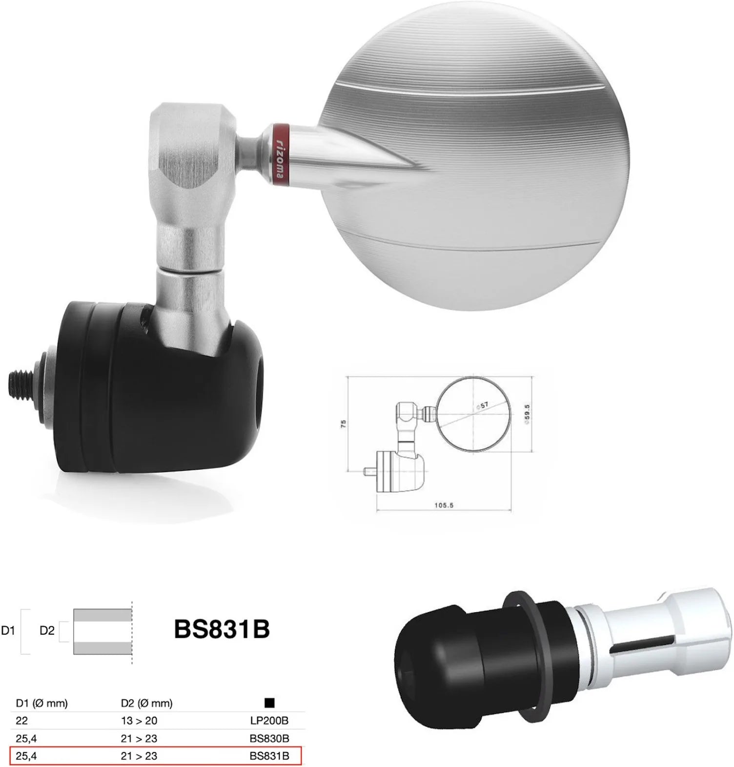 Spiegel End Mount Richtig Universal Ø24,5(21>23) Spy-R Ø57 - Rizoma Kompatibel Mit Ktm