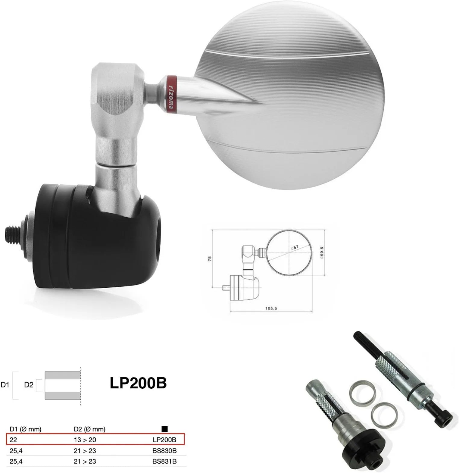 Spiegel End Mount Richtig Universal Ø22(13>20) Spy-R Ø57 - Rizoma Kompatibel Mit Ktm