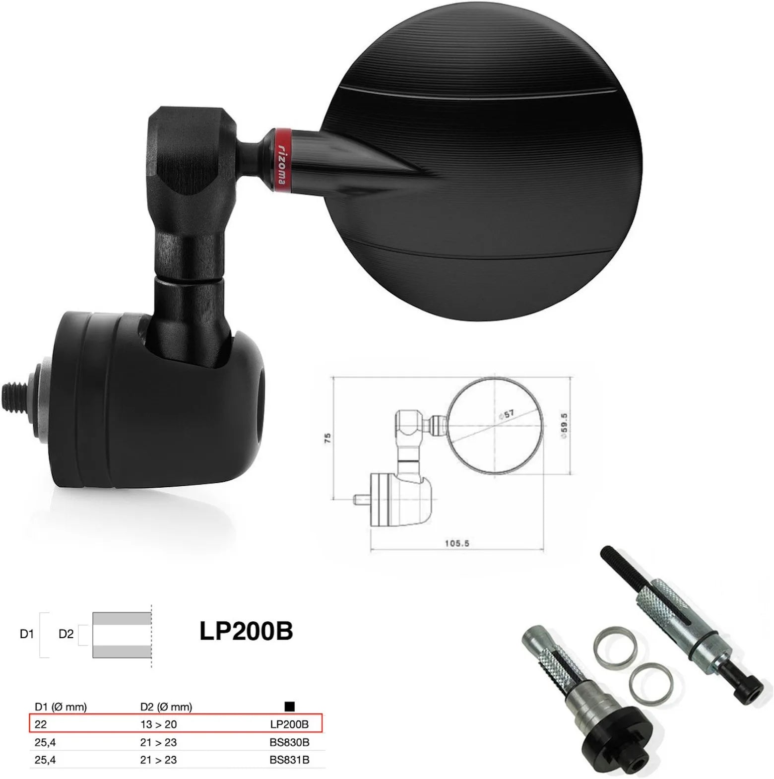 Spiegel End Mount Links Universal Ø22(13>20) Spy-R Ø57 - Rizoma Kompatibel Mit Yamaha
