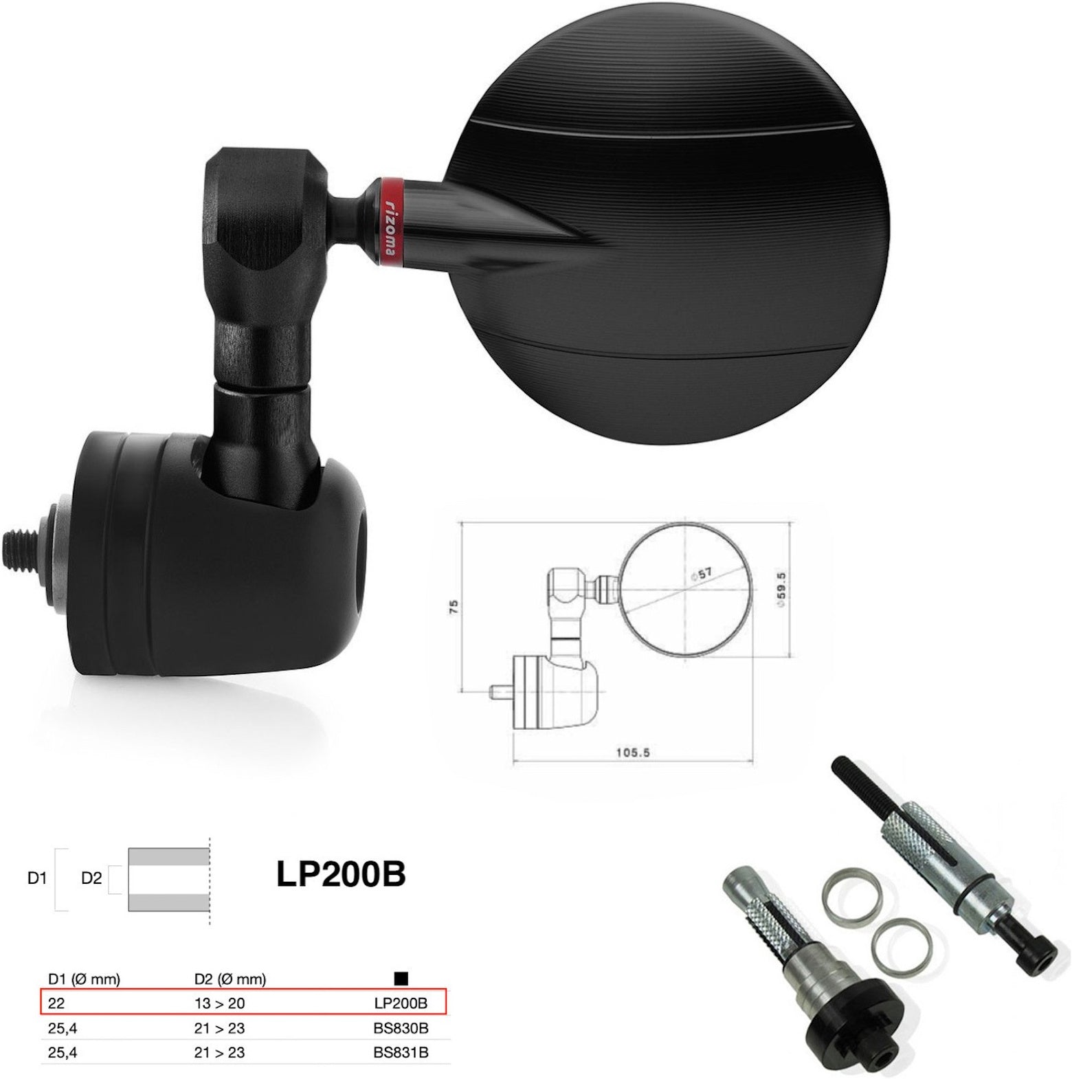 Mirror End Mount Left Universal Ø22(13>20) Spy-R Ø57 - Rizoma Compatible With Moto Guzzi