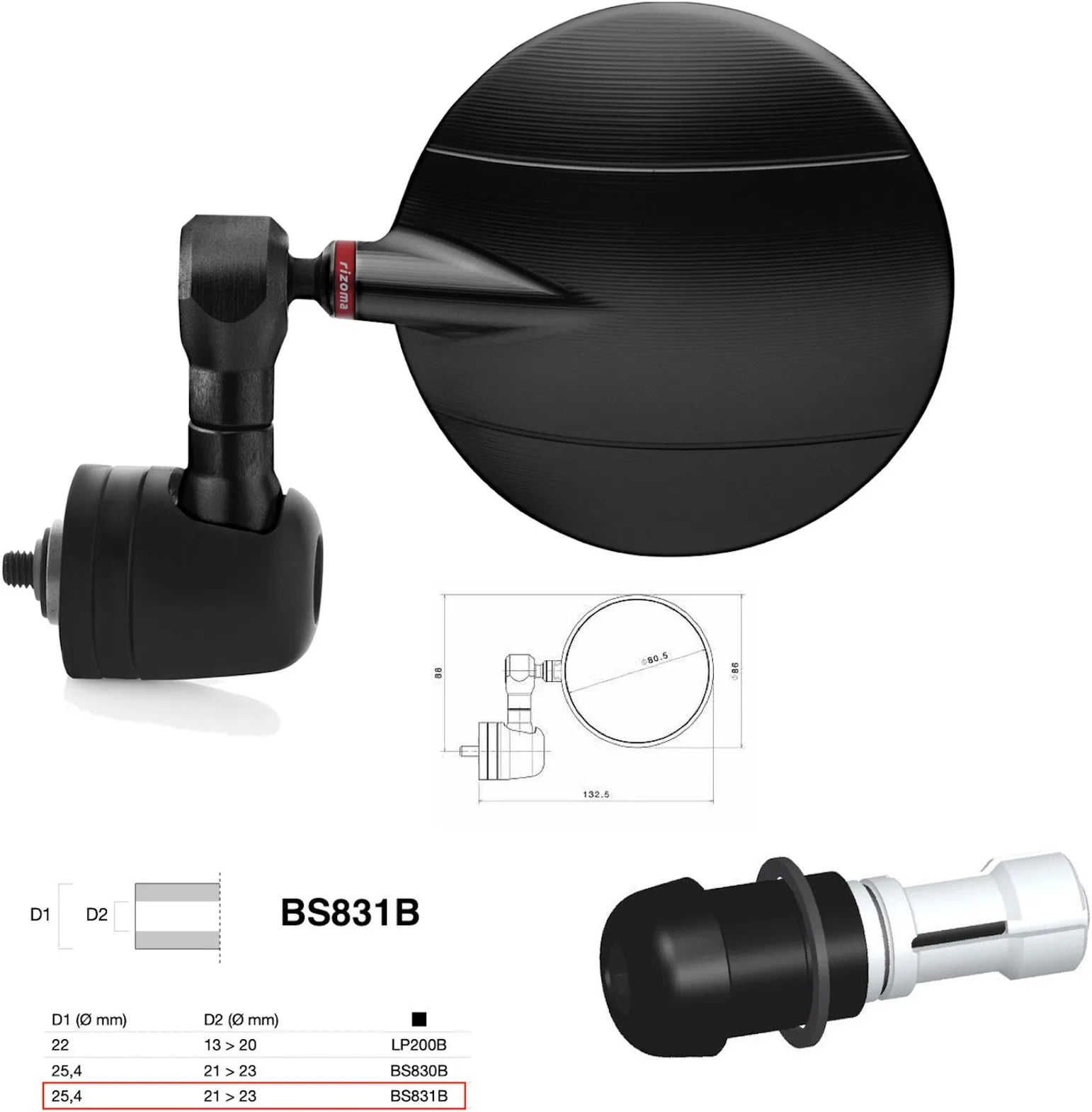 Spiegel End Mount Links Universal Ø24,5(21>23) Spy-R Ø80 - Rizoma Kompatibel Mit Benelli