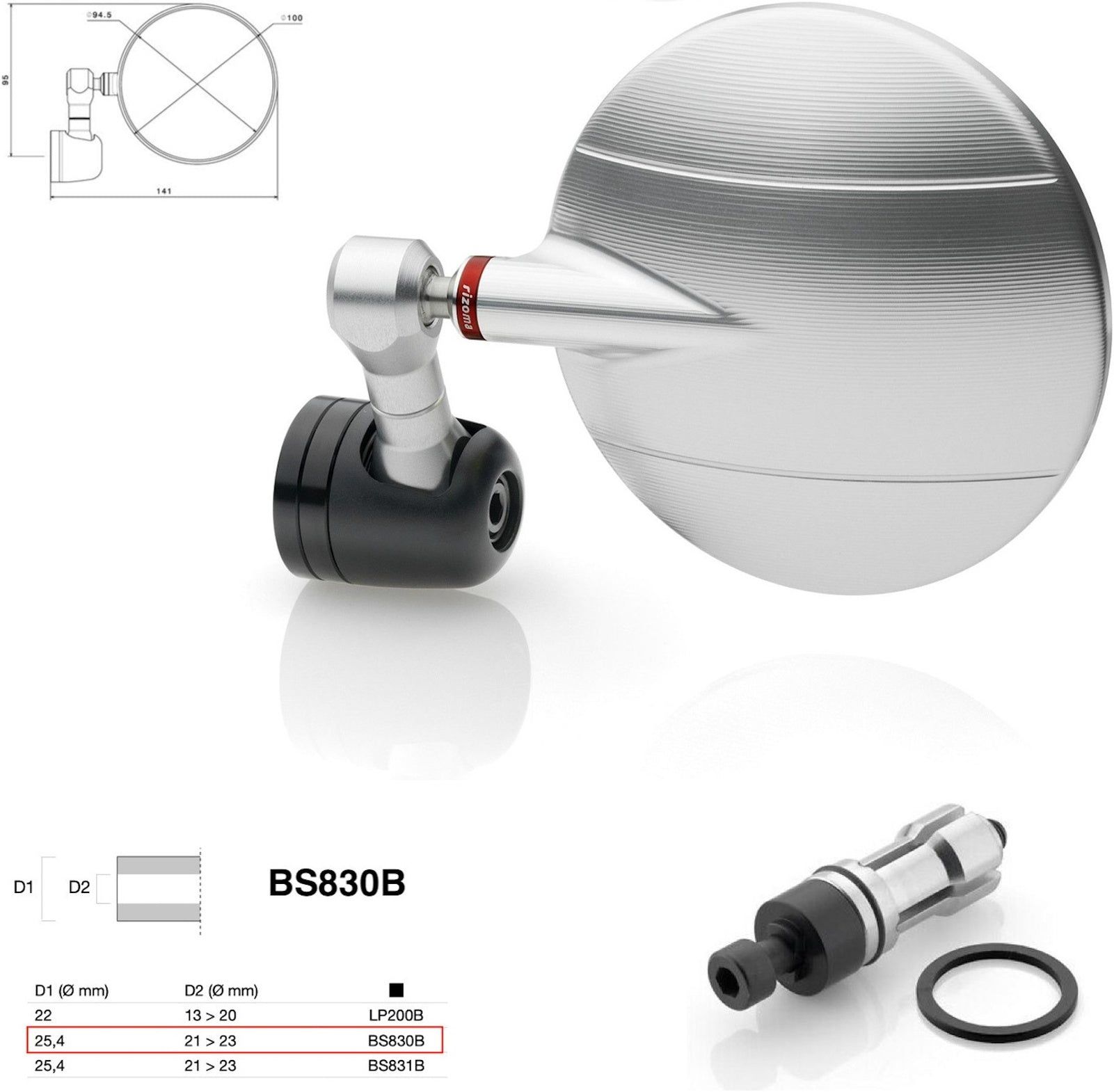 Mirror End Mount Right Universal Ø24,5(21>23) Spy-R Ø94.5 - Rizoma Compatible With Moto Guzzi