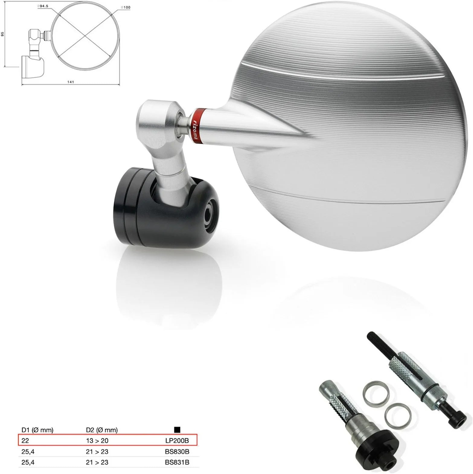 Spiegel End Mount Richtig Universal Ø22(13>20) Spy-R Ø94.5 - Rizoma Kompatibel Mit Ktm