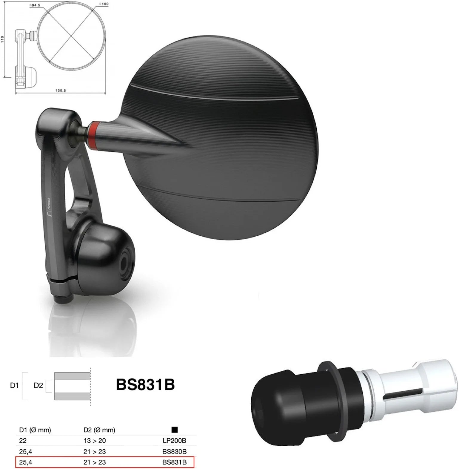 Spiegel End Mount Links Universal Ø24,5(21>23) Spy-Arm Ø94.5 - Rizoma Kompatibel Mit Kawasaki