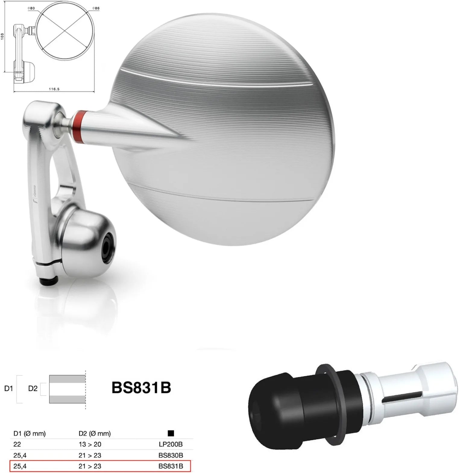 Spiegel End Mount Richtig Universal Ø24,5(21>23) Spy-Arm Ø80 - Rizoma Kompatibel Mit Ktm