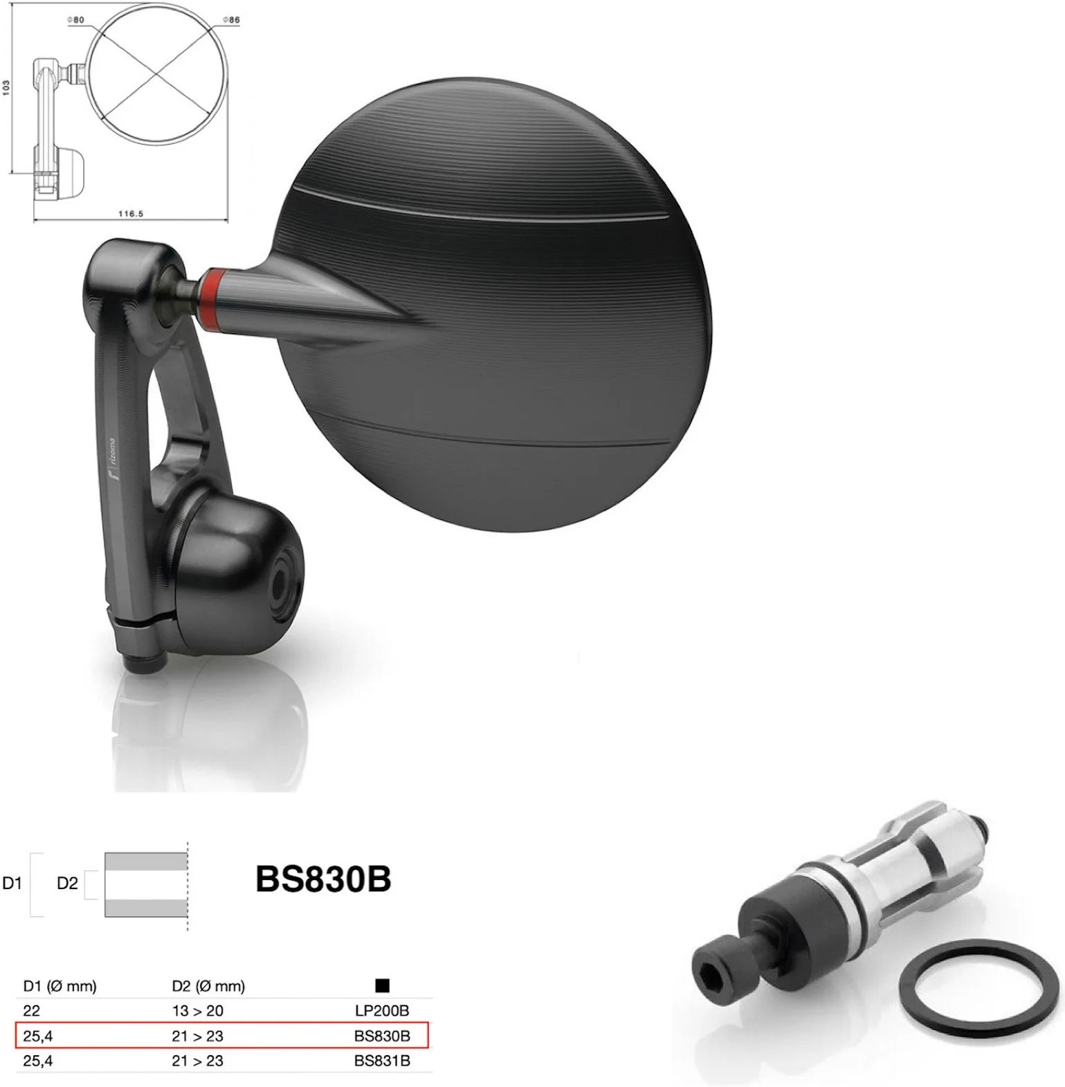 Spiegel End Mount Richtig Universal Ø24,5(21>23) Spy-Arm Ø80 - Rizoma Kompatibel Mit Ktm