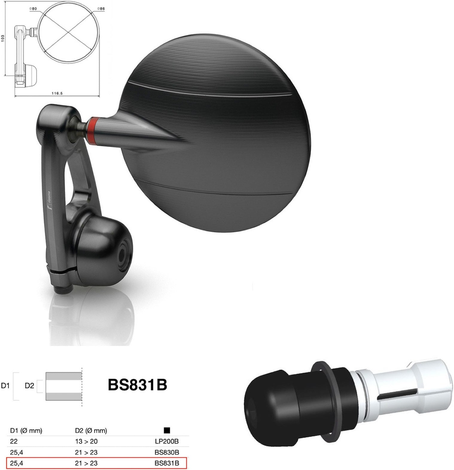 Mirror End Mount Right Universal Ø24,5(21>23) Spy-Arm Ø80 - Rizoma Compatible With Moto Guzzi
