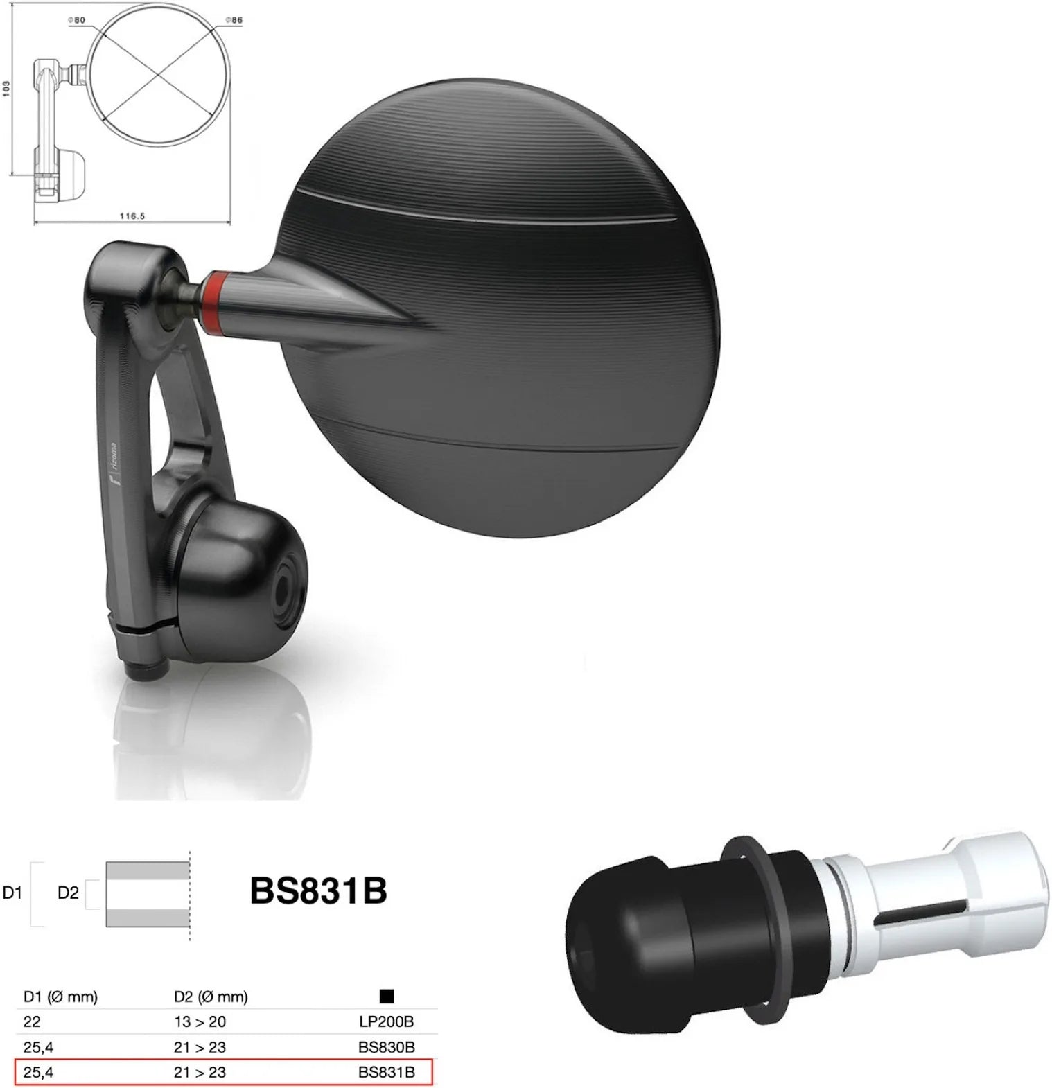 Spiegel End Mount Richtig Universal Ø24,5(21>23) Spy-Arm Ø80 - Rizoma Kompatibel Mit Ktm