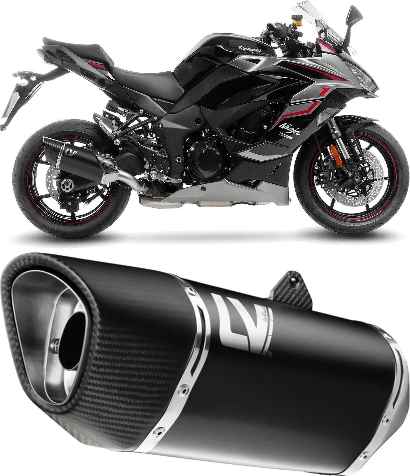 Auspuffendstück Mit Geräuschzulassung Lv-14 R Edelstahl Schwarz Endkappe Carbon Fiber - Leovince Kompatibel Mit Kawasaki Ninja 1000 Sx (2025-2026)