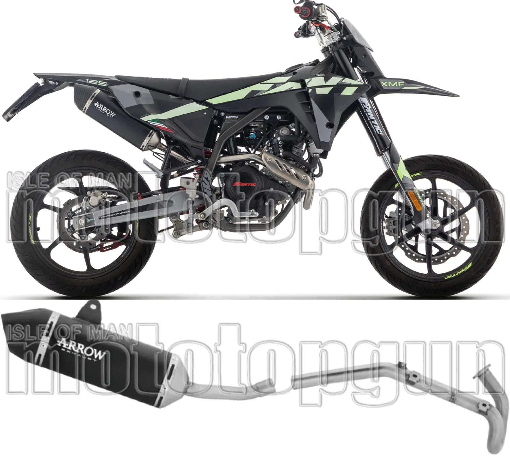 Komplette Auspuffanlage Ohne Katalysator Und Mit Geräuschzulassung Icon Aluminium Schwarz Endkappe Carby - Arrow Special Parts Kompatibel Mit Fantic Motor Xmf 125 (2025-2026)