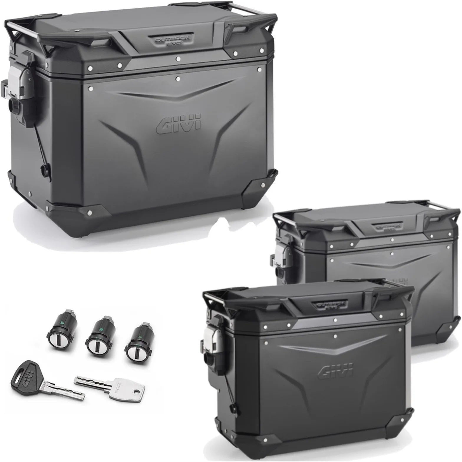 Topcase + Seitenkoffer Trekker Outback Evo Smart Aluminium Schwarz Dx Abgeschrägt 130 Lt Trekker Outback Evo Smart Aluminium - Givi Kompatibel Mit Benelli Trk 702 X (2023-2024)