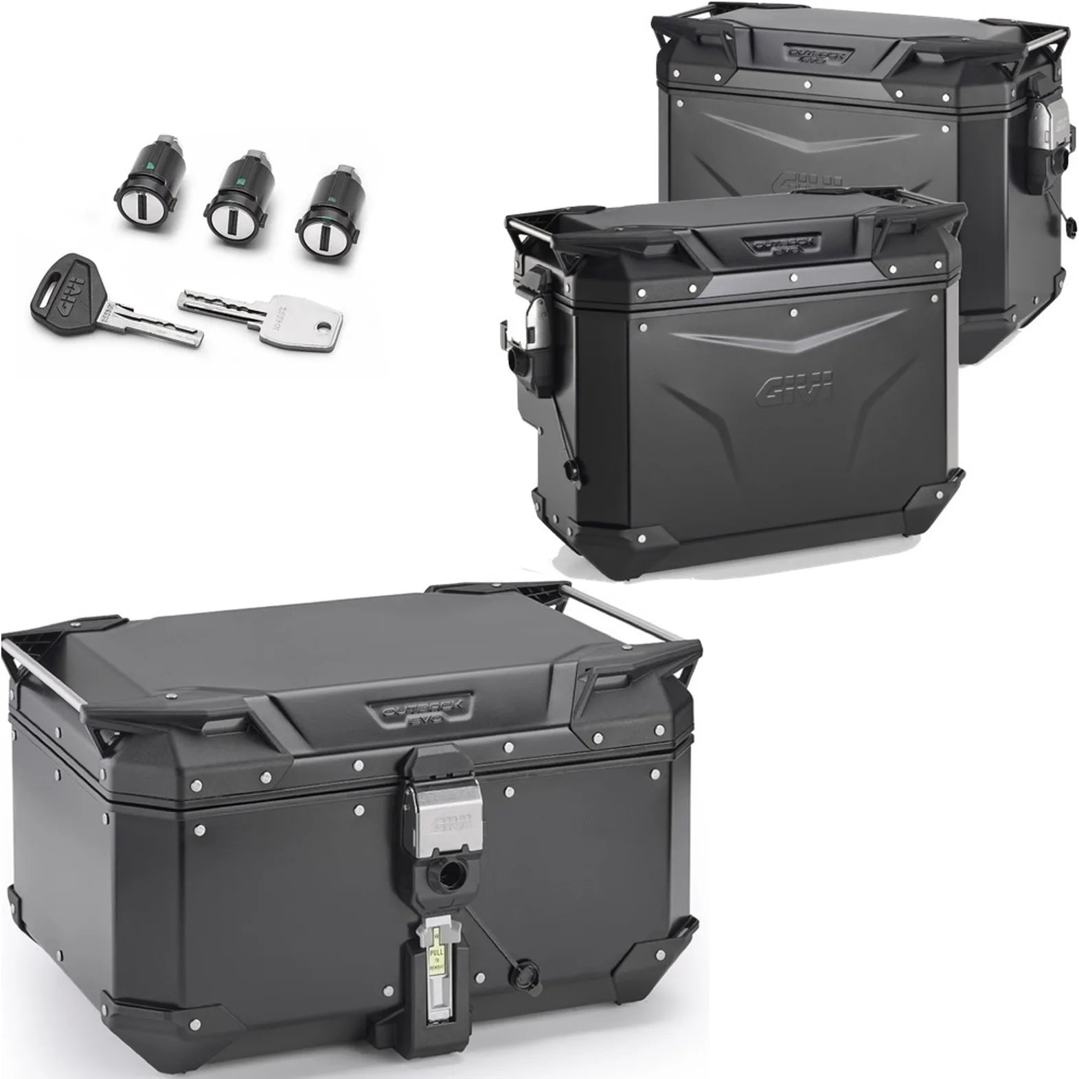 Topcase + Seitenkoffer Trekker Outback Evo Smart Aluminium Schwarz Dx Abgeschrägt 135 Lt Trekker Outback Evo Smart Aluminium - Givi Kompatibel Mit Benelli Trk 702 (2023-2024)