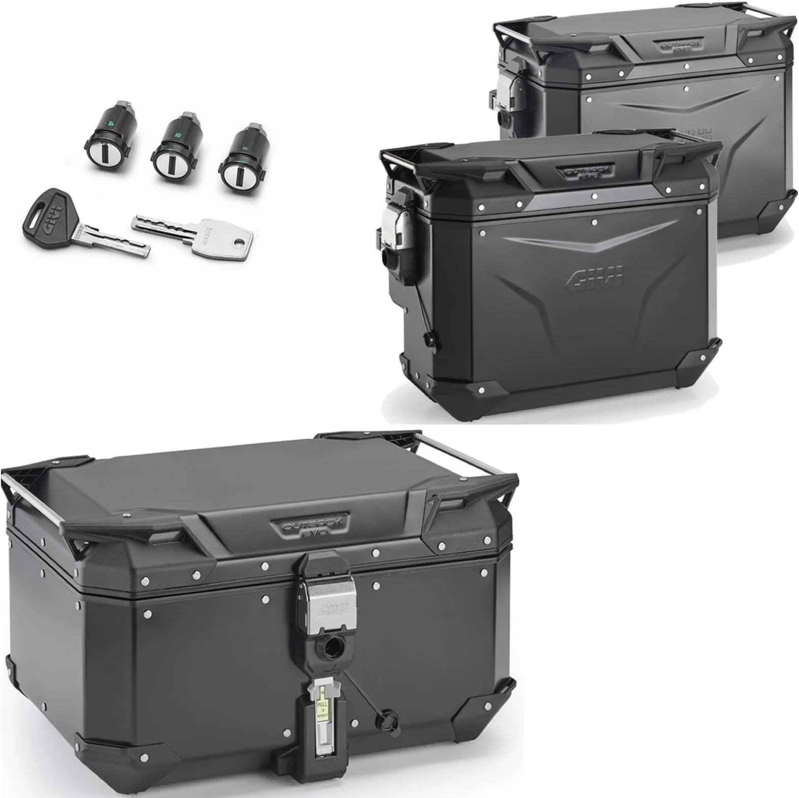Topcase + Seitenkoffer Trekker Outback Evo Smart Aluminium Schwarz Dx Abgeschrägt 146 Lt Trekker Outback Evo Smart Aluminium - Givi Kompatibel Mit Benelli Trk 702 (2023-2024)