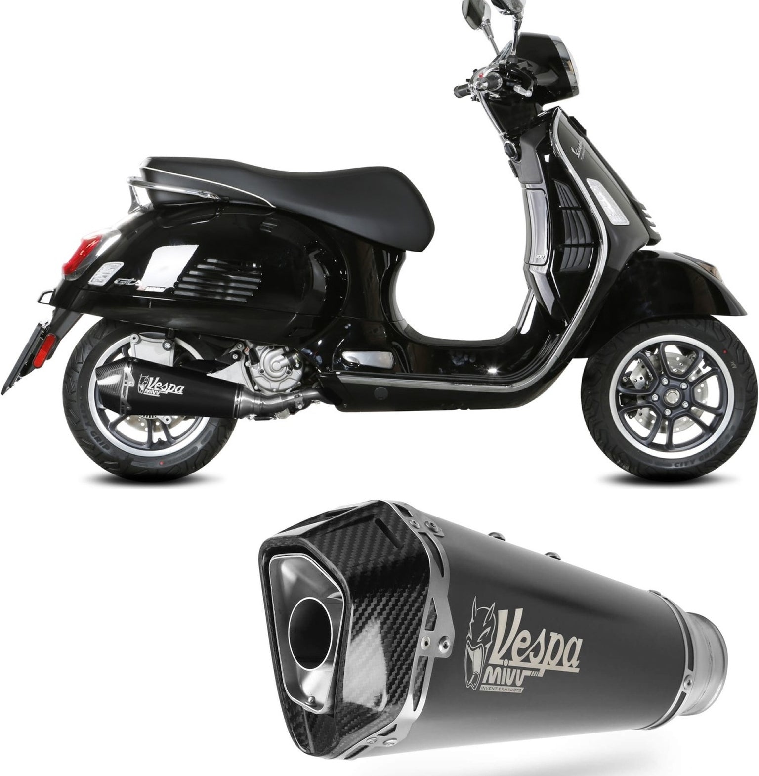 Non-Catalytic Exhaust Tip With Sound Certification Delta Race Steel Black Carbon - Mivv Compatible With Piaggio Vespa Gts 300 (2021-2024)